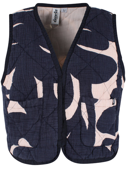 Smuk quiltet vest i navyblåt og hvidt mønster til kvinder