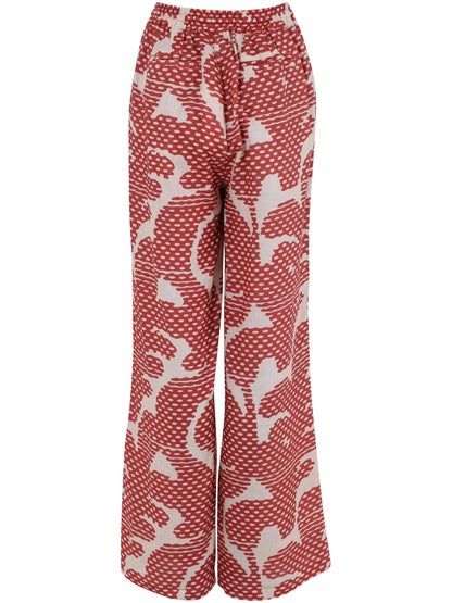 Fine mønstrede bukser i orangebrun og varm sandfarve i lækker hørblanding til kvinder