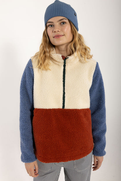 Lækker anorak i fleece i beige, blå og røde nuancer til kvinder