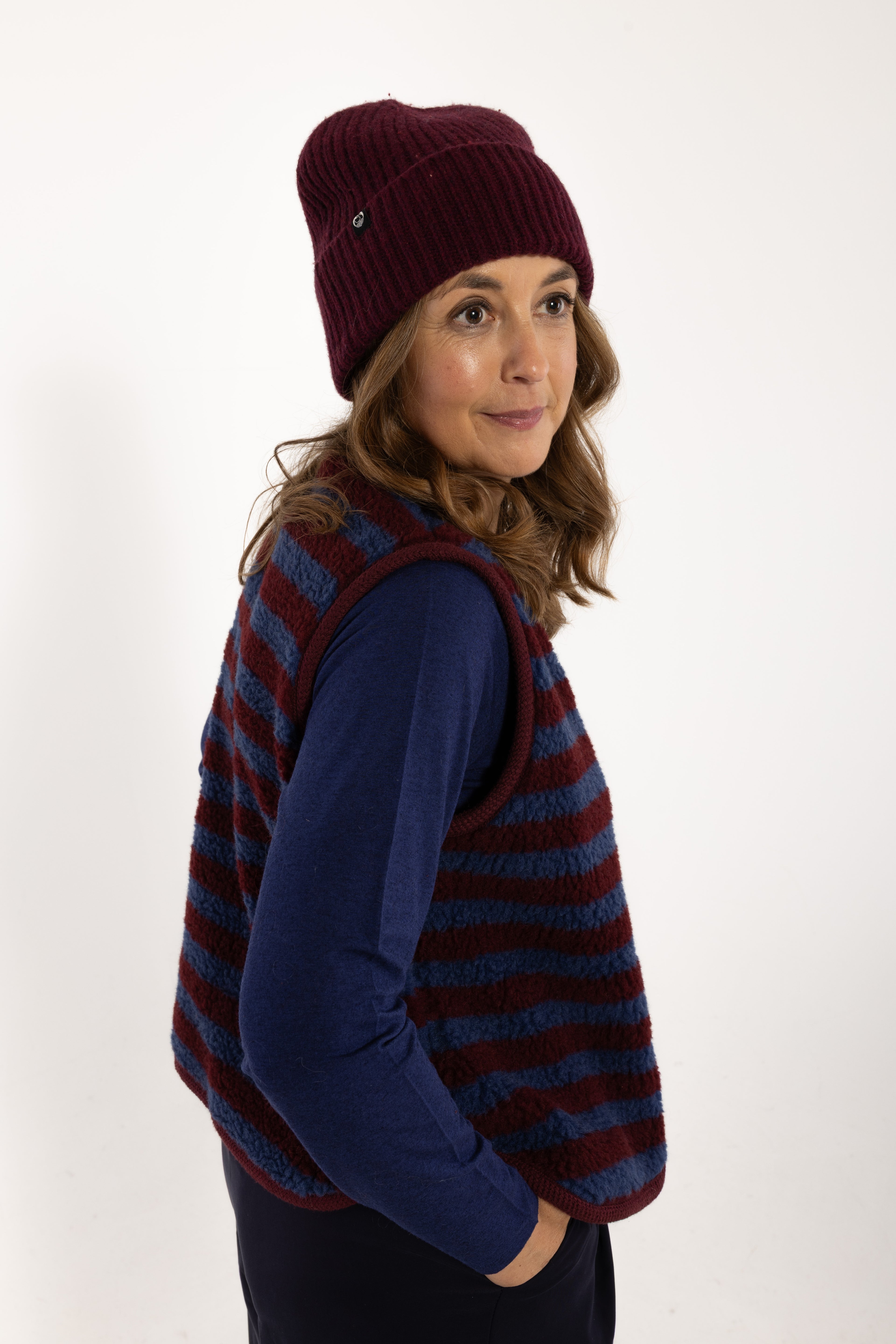 Danecubist Fuzzy Wool Stripe Fleece Vest Dark Wine/Porcelaine