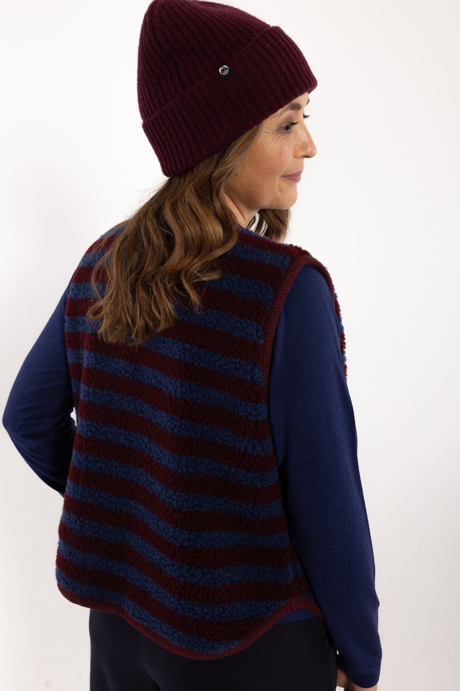 Danecubist Fuzzy Wool Stripe Fleece Vest Dark Wine/Porcelaine