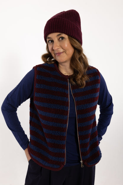 Danecubist Fuzzy Wool Stripe Fleece Vest Dark Wine/Porcelaine