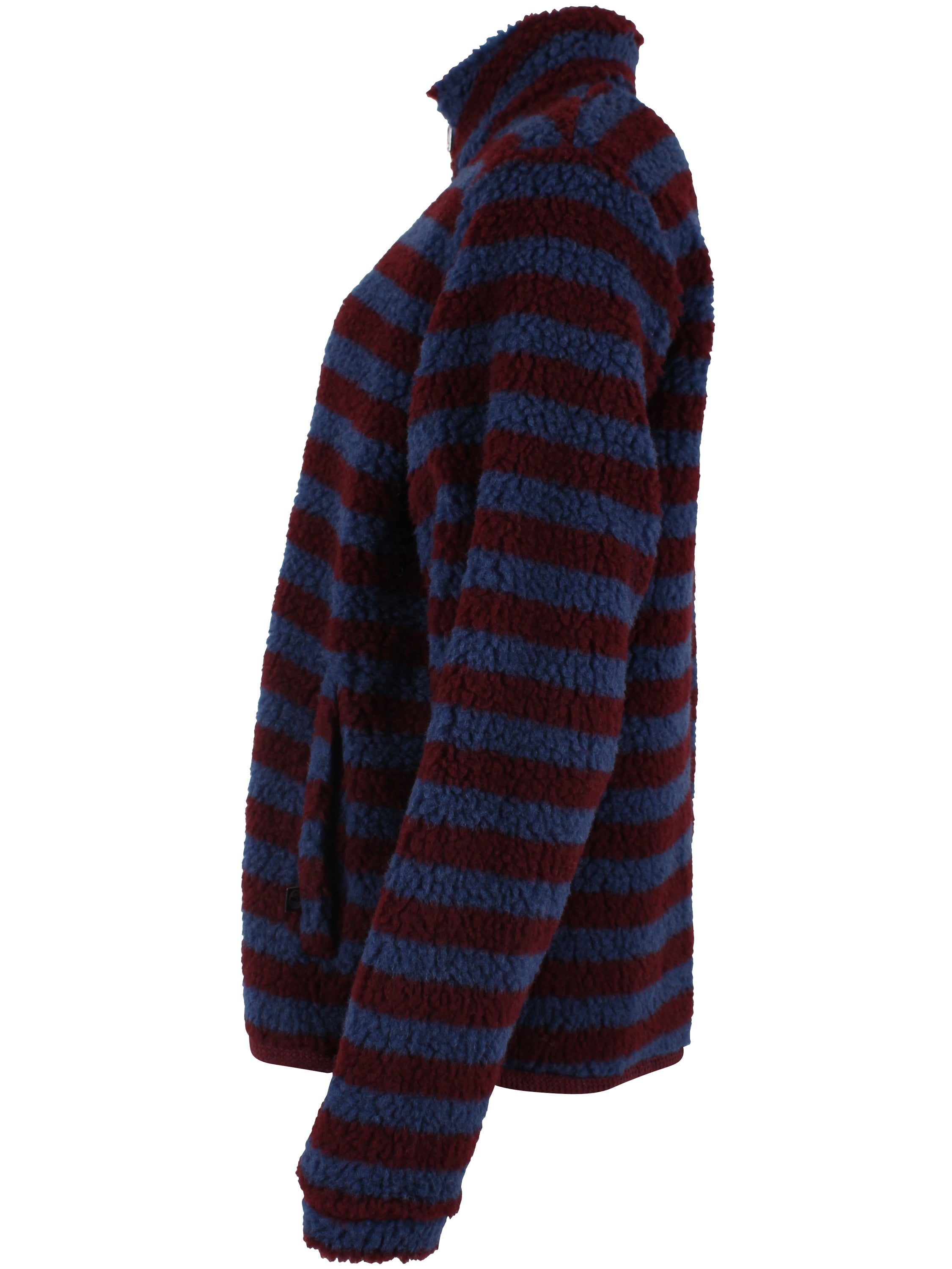 Lækker fuzzy zip-up fleecejakke med striber i vinrød og støvet blå til kvinder