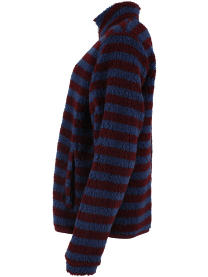 Lækker fuzzy zip-up fleecejakke med striber i vinrød og støvet blå til kvinder
