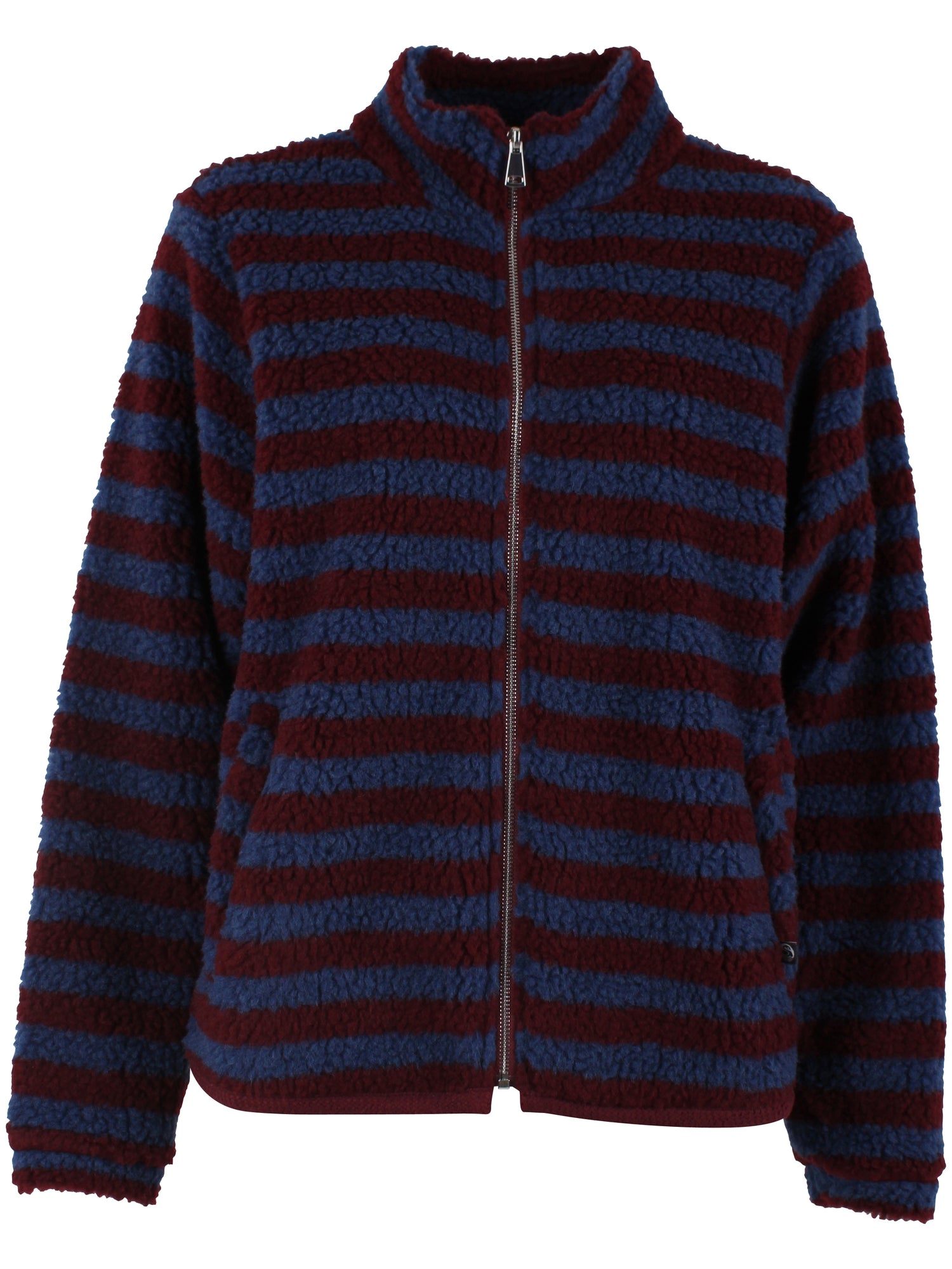 Lækker fuzzy zip-up fleecejakke med striber i vinrød og støvet blå til kvinder
