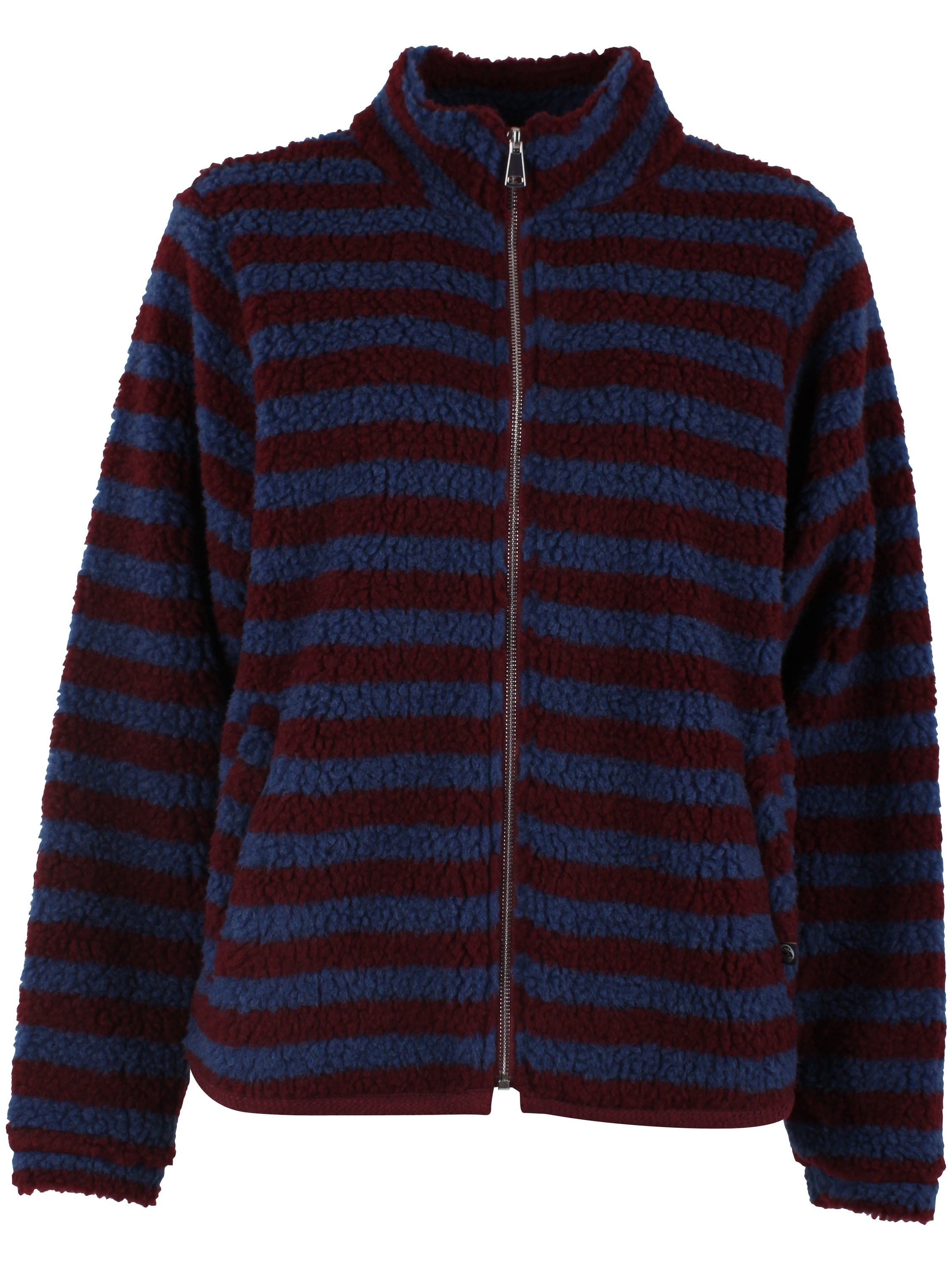 Lækker fuzzy zip-up fleecejakke med striber i vinrød og støvet blå til kvinder
