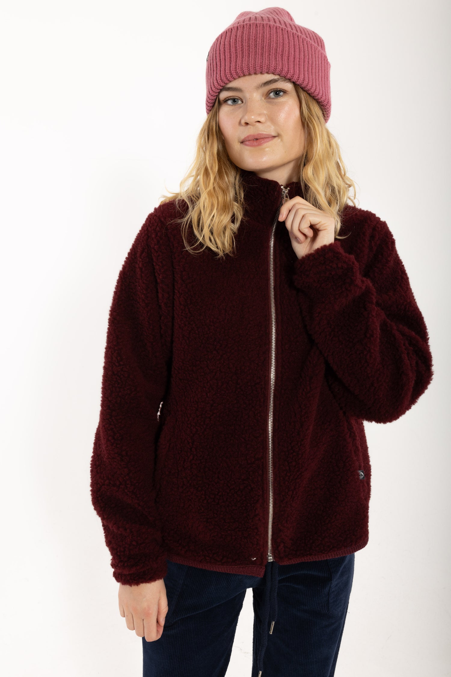 Danedada Fuzzy Wool Fleece Zip-Up Dark Wine