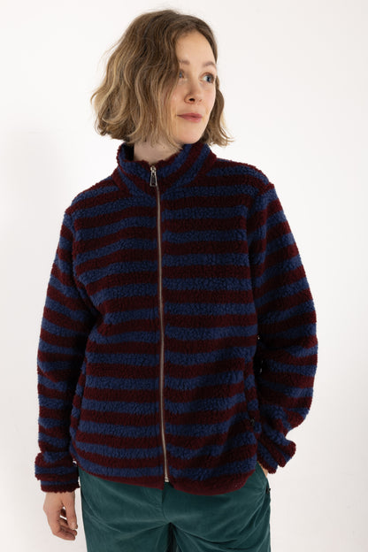 Danedada Fuzzy Wool Stripe Fleece Zip-Up Dark Wine/Porcelaine