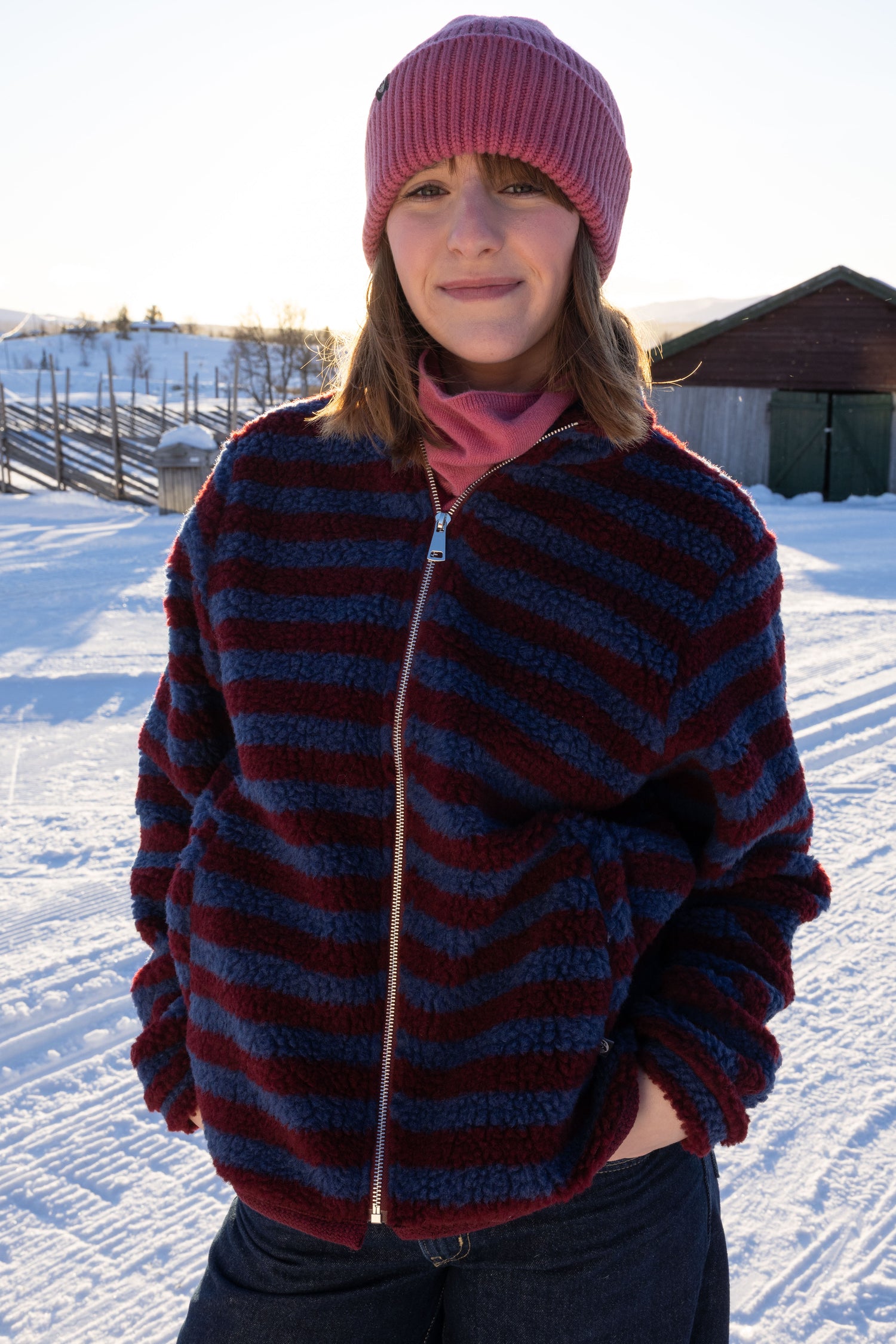 Danedada Fuzzy Wool Stripe Fleece Zip-Up Dark Wine/Porcelaine