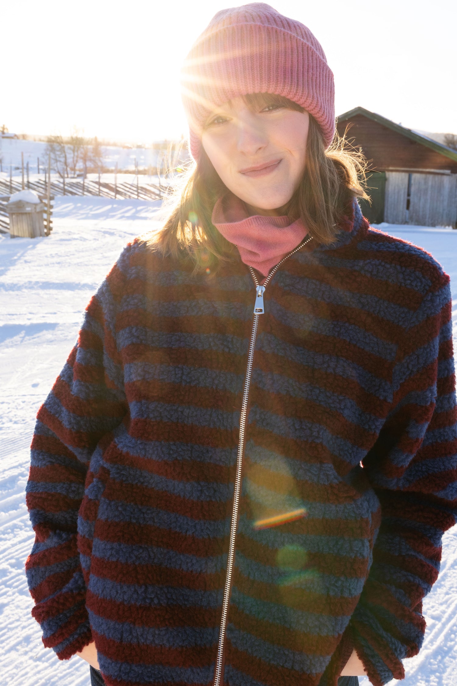 Danedada Fuzzy Wool Stripe Fleece Zip-Up Dark Wine/Porcelaine