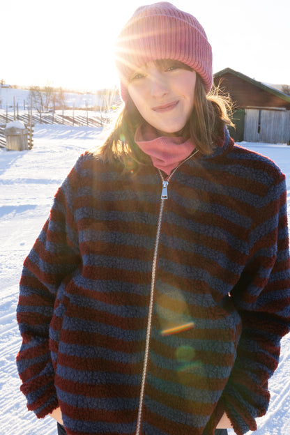 Danedada Fuzzy Wool Stripe Fleece Zip-Up Dark Wine/Porcelaine