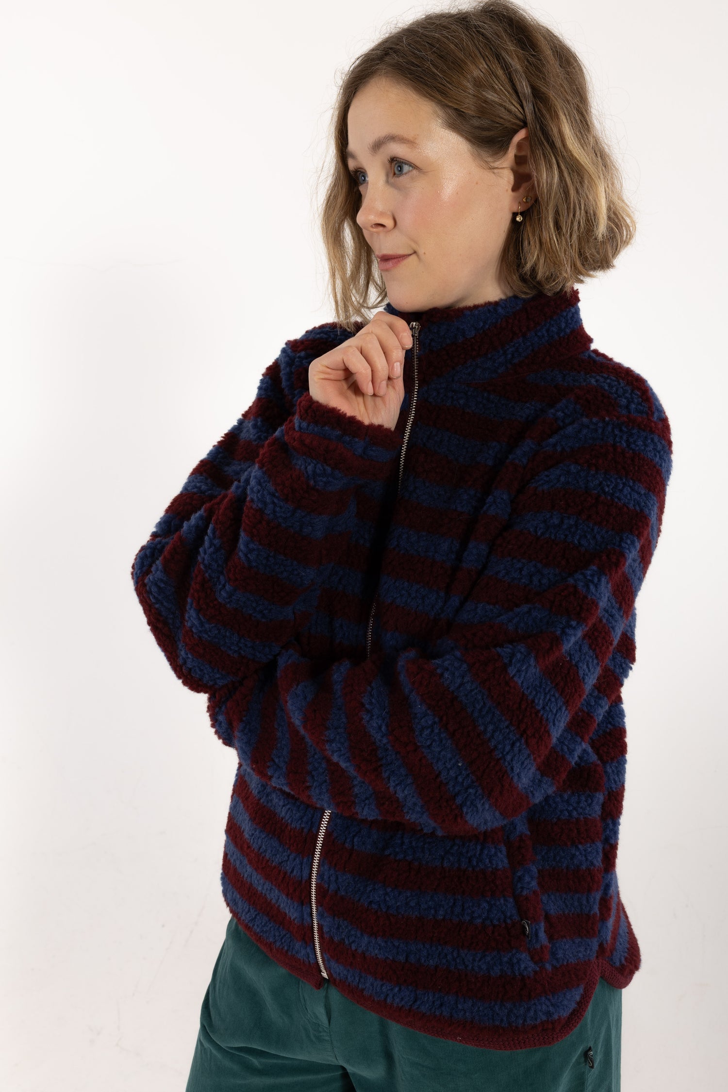 Danedada Fuzzy Wool Stripe Fleece Zip-Up Dark Wine/Porcelaine