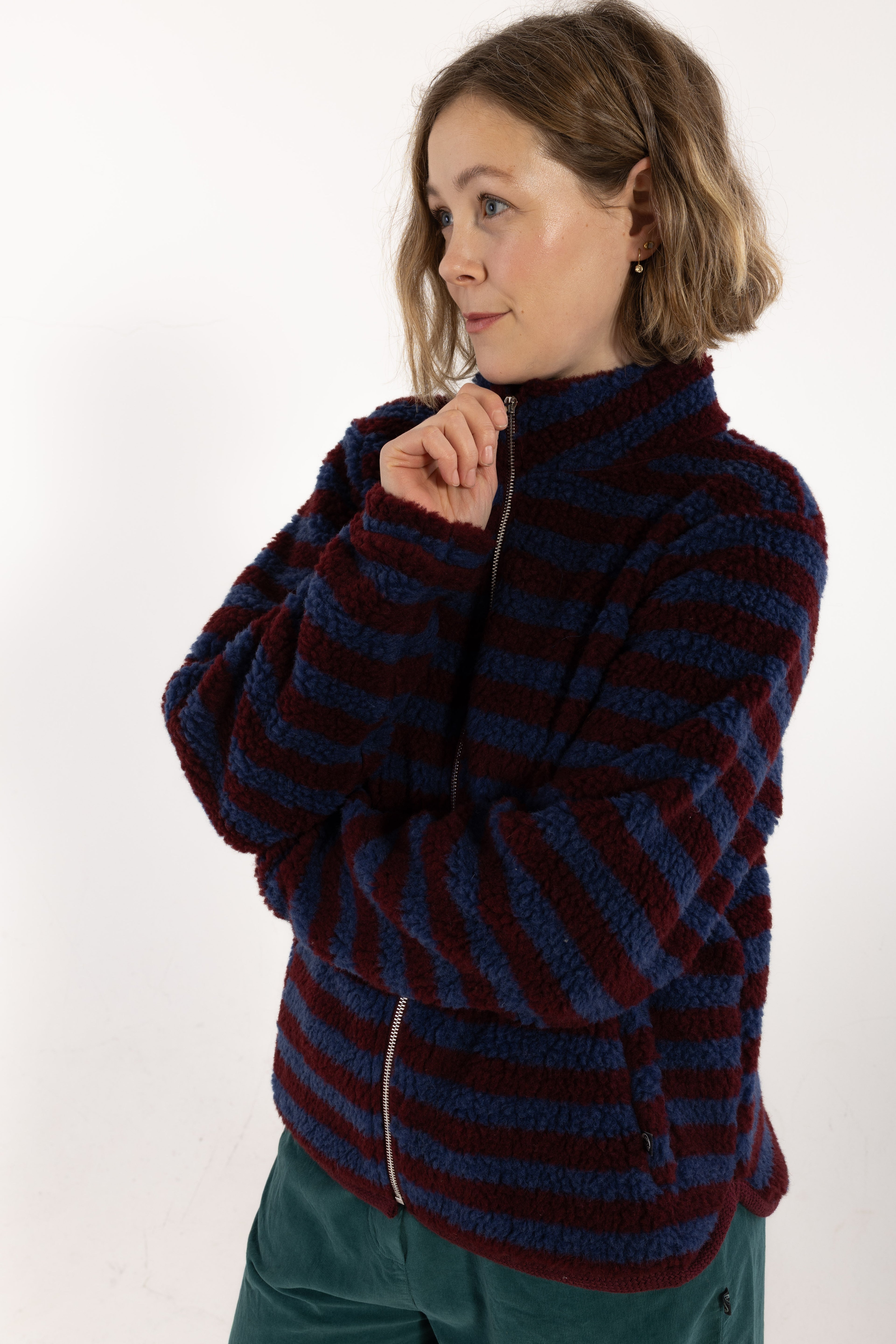 Danedada Fuzzy Wool Stripe Fleece Zip-Up Dark Wine/Porcelaine