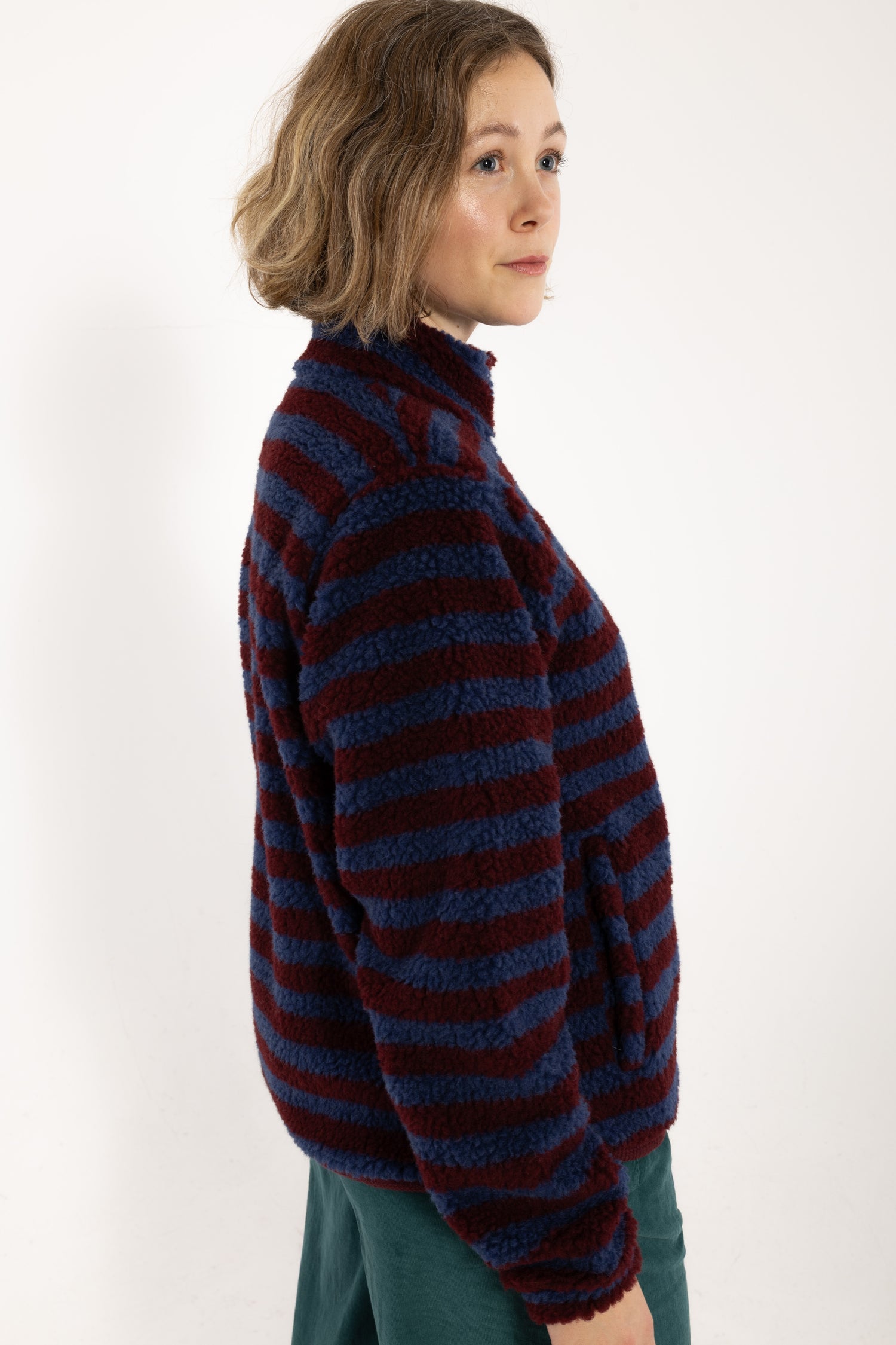 Danedada Fuzzy Wool Stripe Fleece Zip-Up Dark Wine/Porcelaine