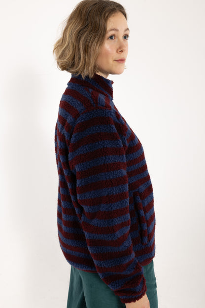 Danedada Fuzzy Wool Stripe Fleece Zip-Up Dark Wine/Porcelaine