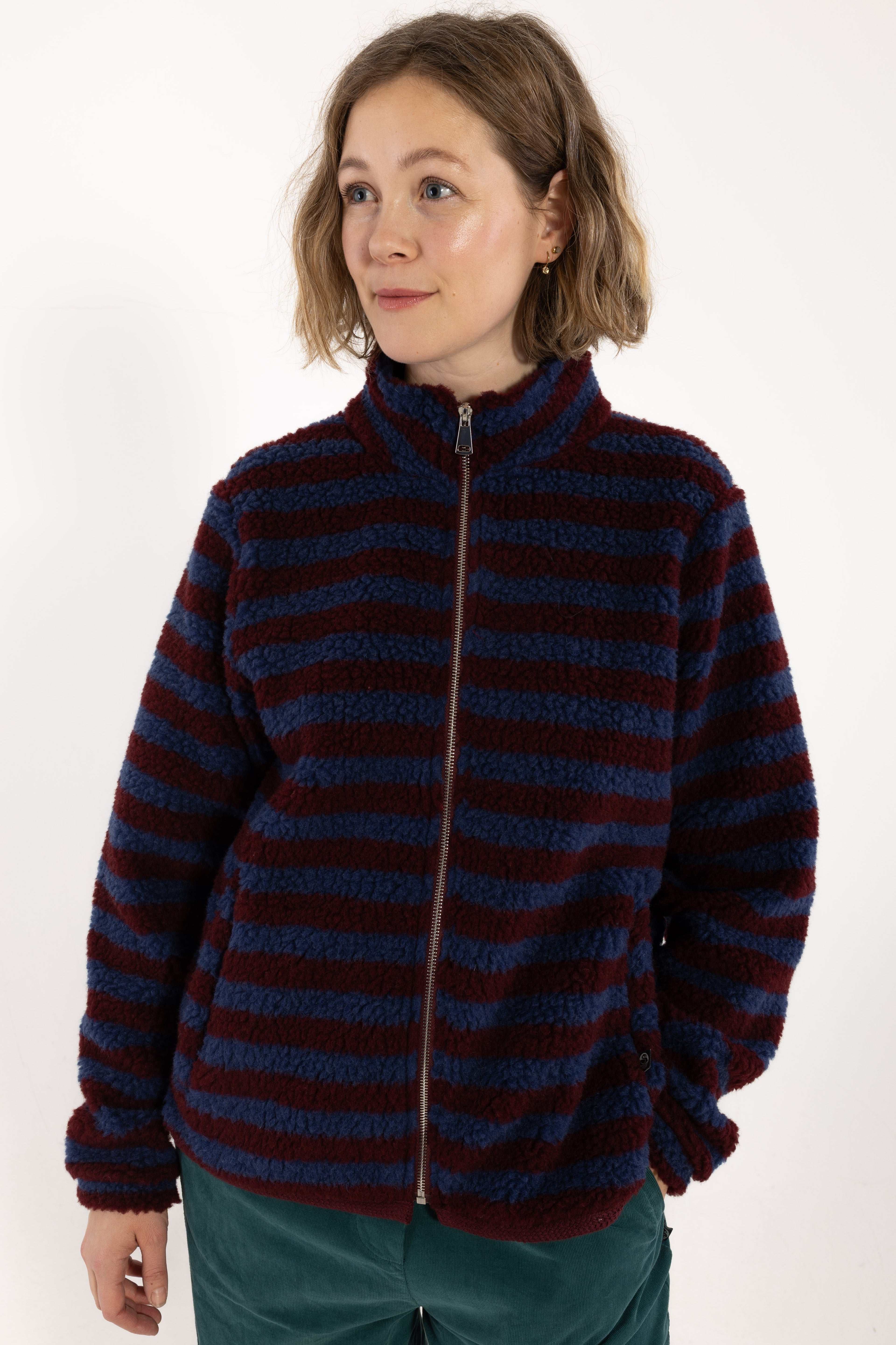 Danedada Fuzzy Wool Stripe Fleece Zip-Up Dark Wine/Porcelaine