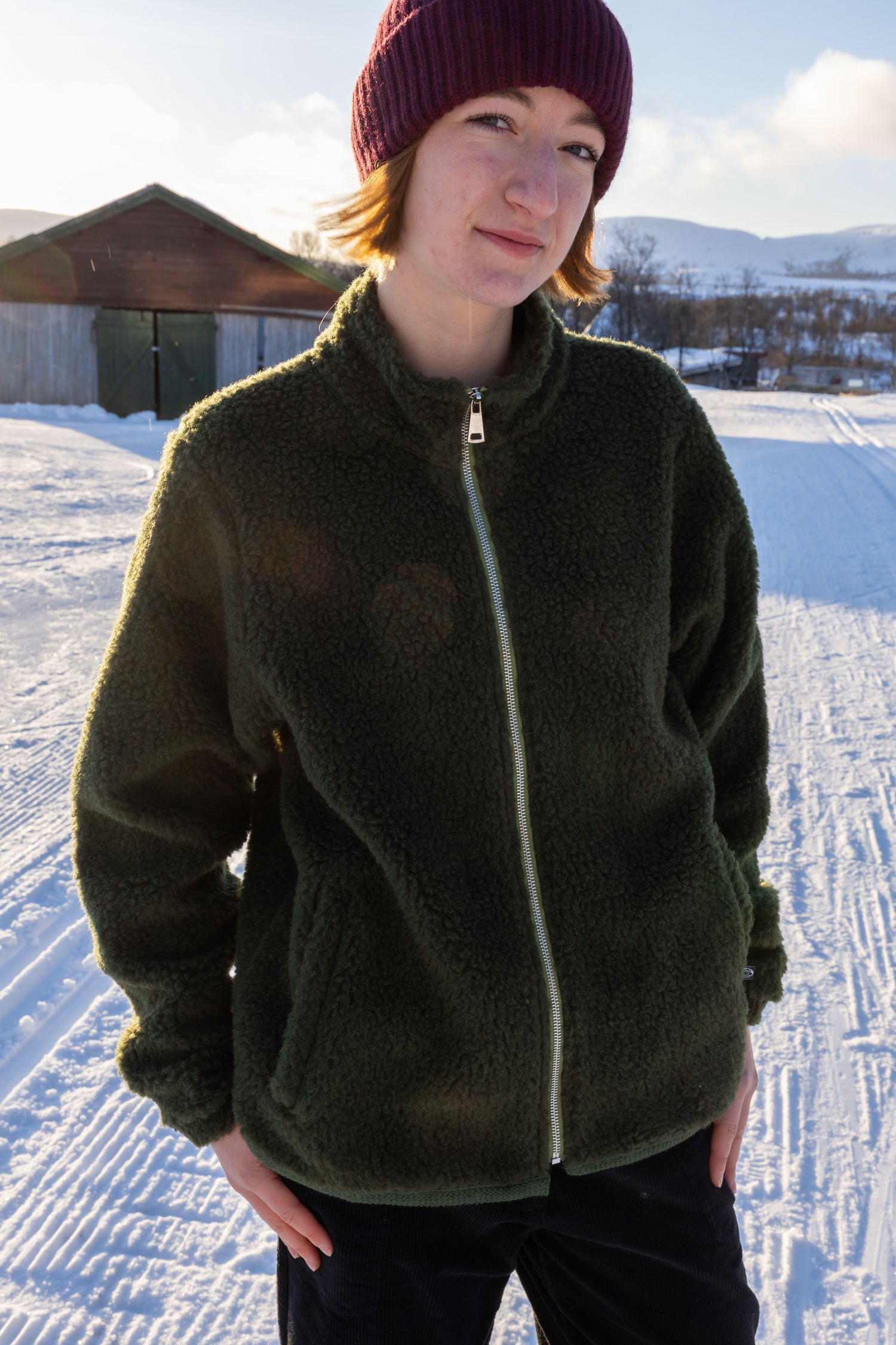 Danedada Fuzzy Wool Fleece Zip-Up Dark Army