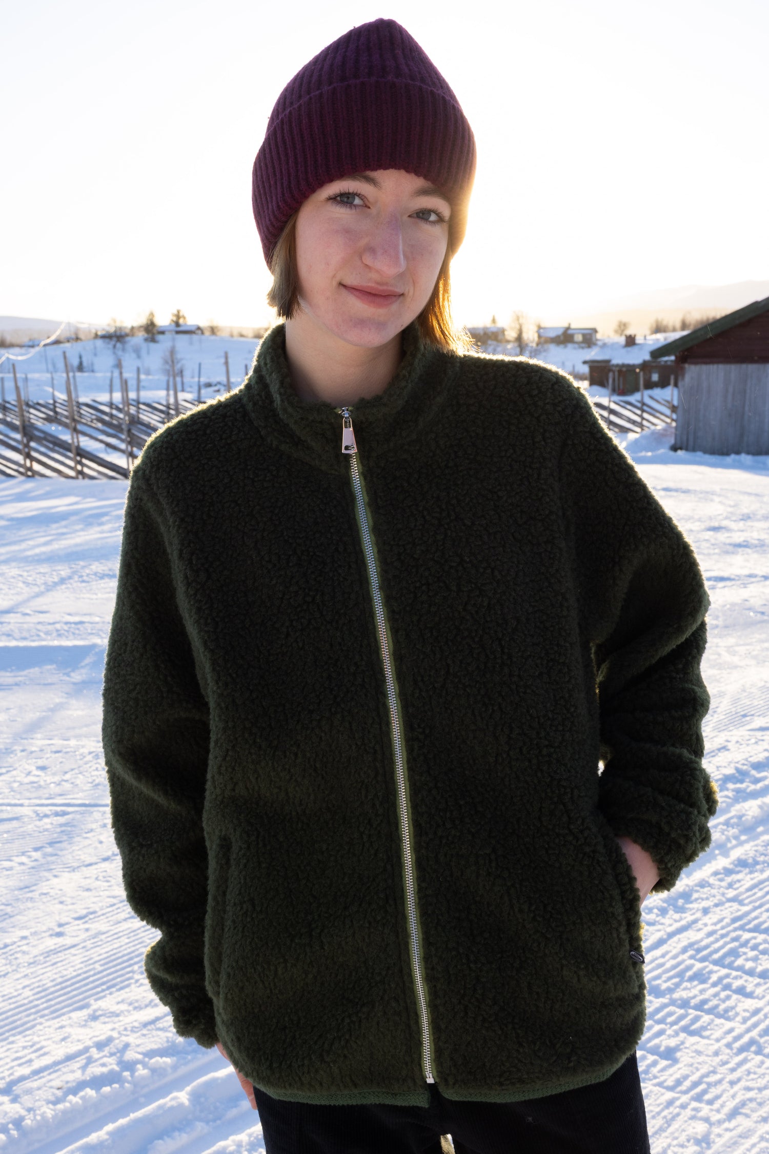 Danedada Fuzzy Wool Fleece Zip-Up Dark Army