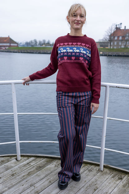Smarte bukser i bomuldscanvas med grålilla og navyblå striber til kvinder