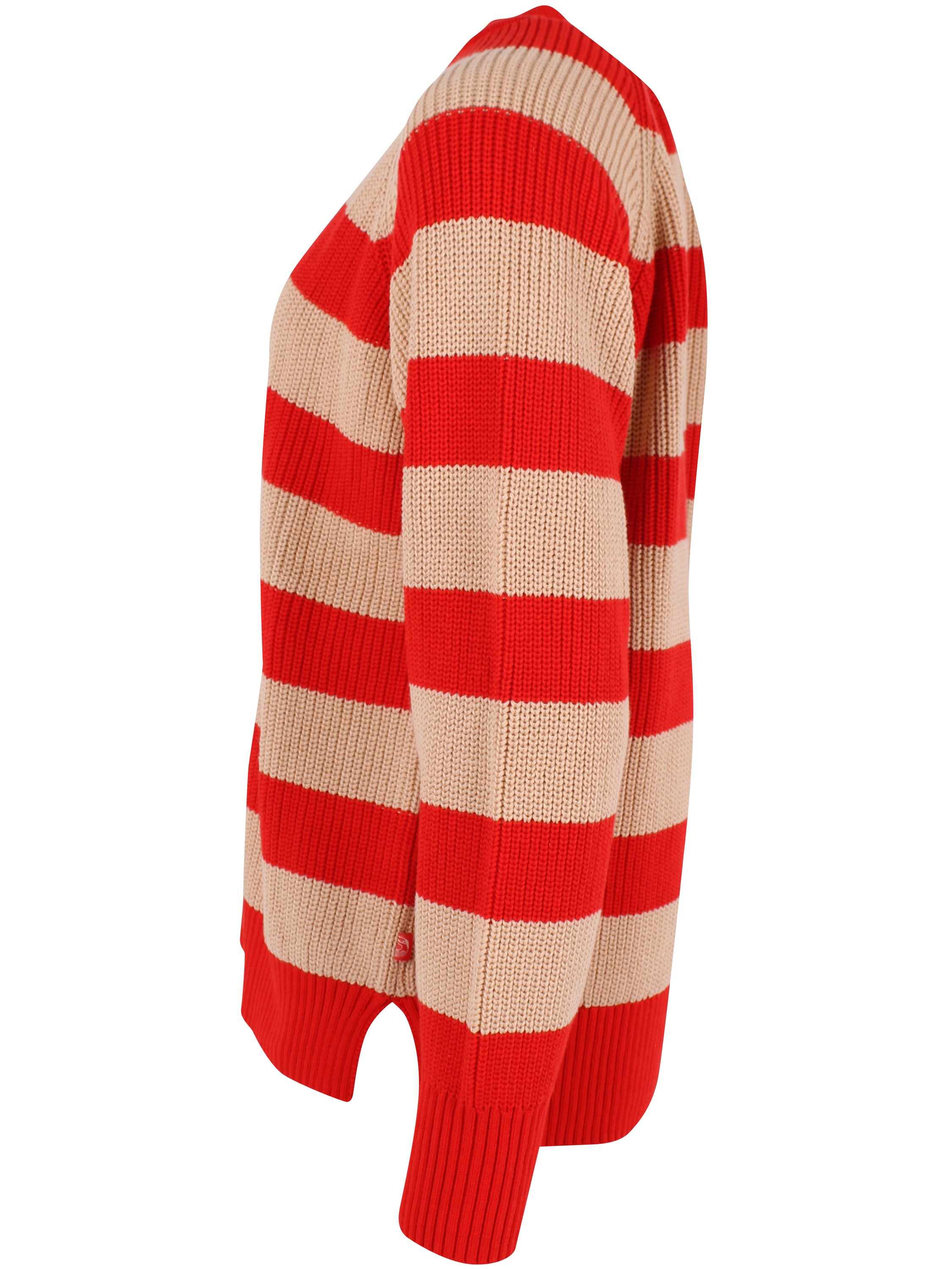 Flot sweater med striber i rød og varm sandfarve og v-hals til kvinder 