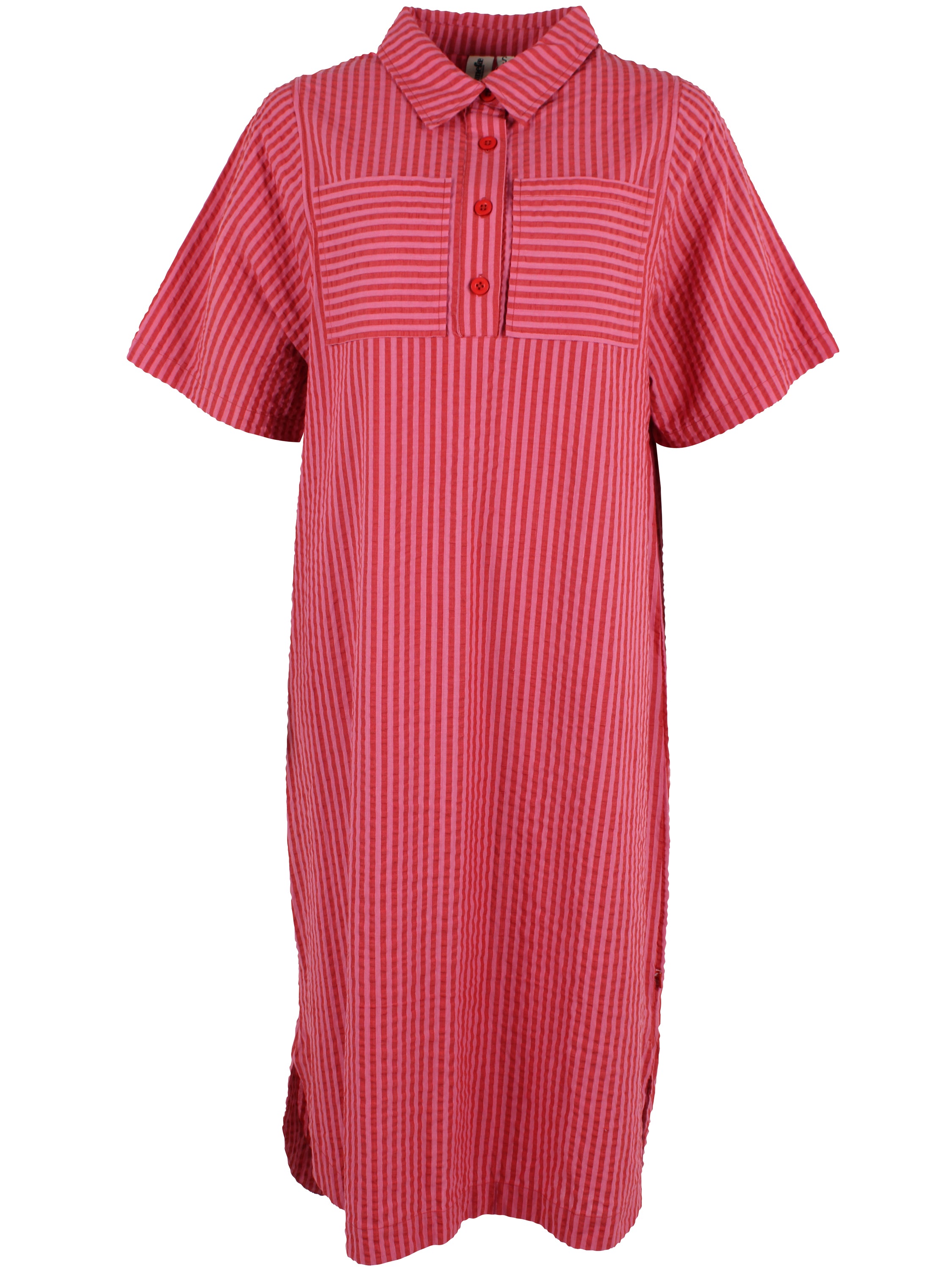 Flot bæk og bølge skjortekjole i varme røde og lyserøde striber til kvinder