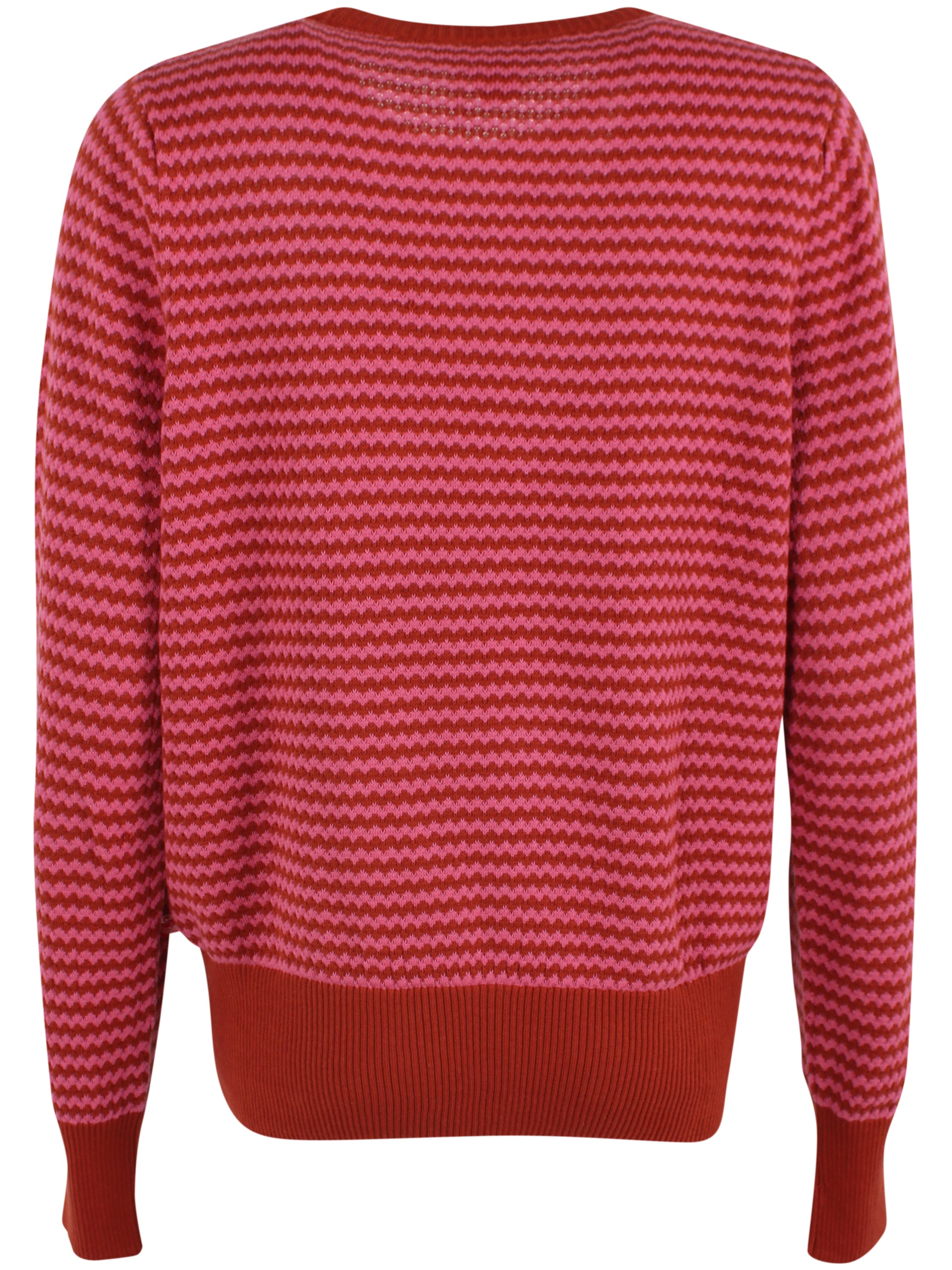 Sød perlestrikket sweater med bølgede striber i brændt rød og lyserød til kvinder