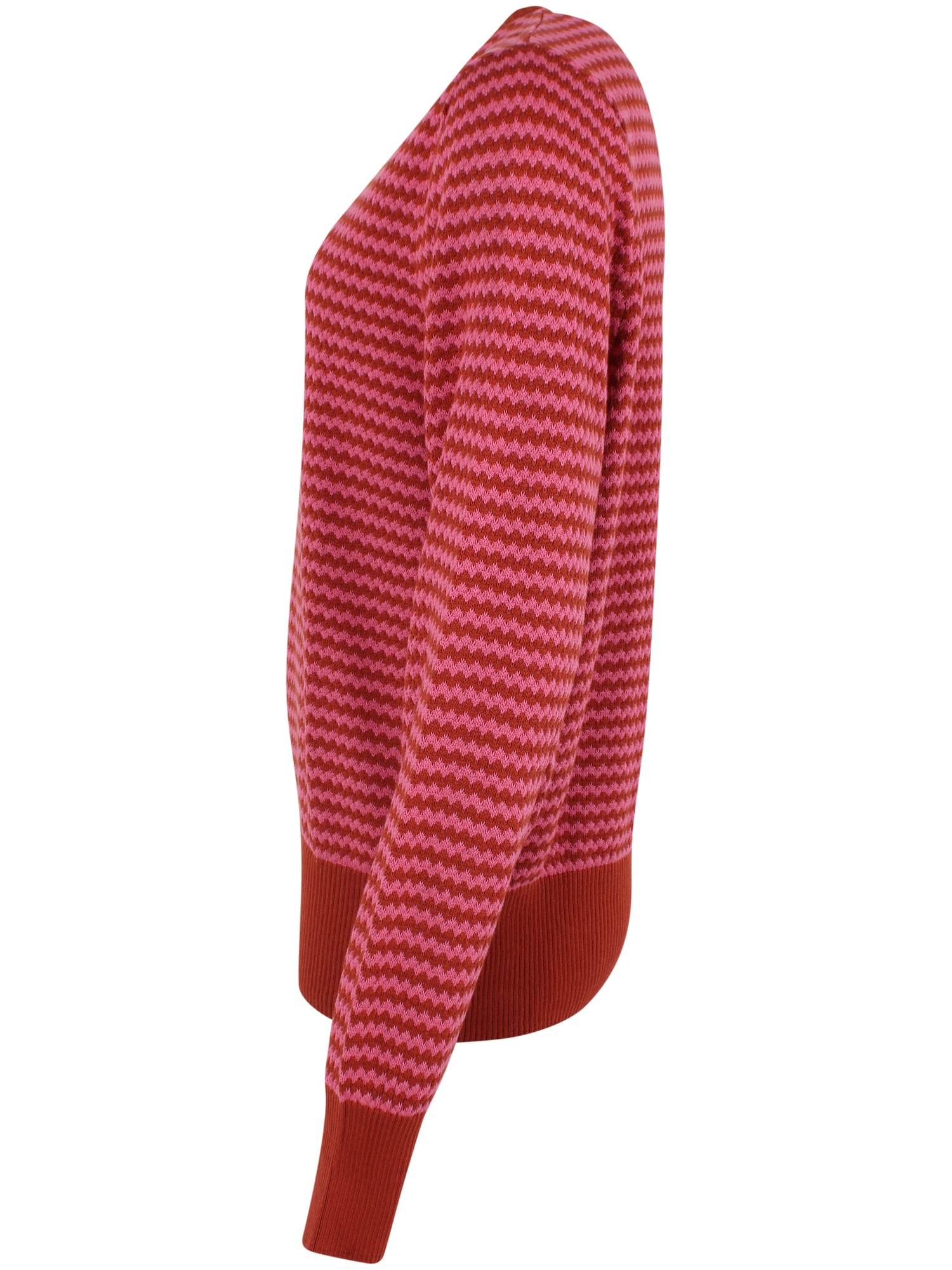 Sød perlestrikket sweater med bølgede striber i brændt rød og lyserød til kvinder