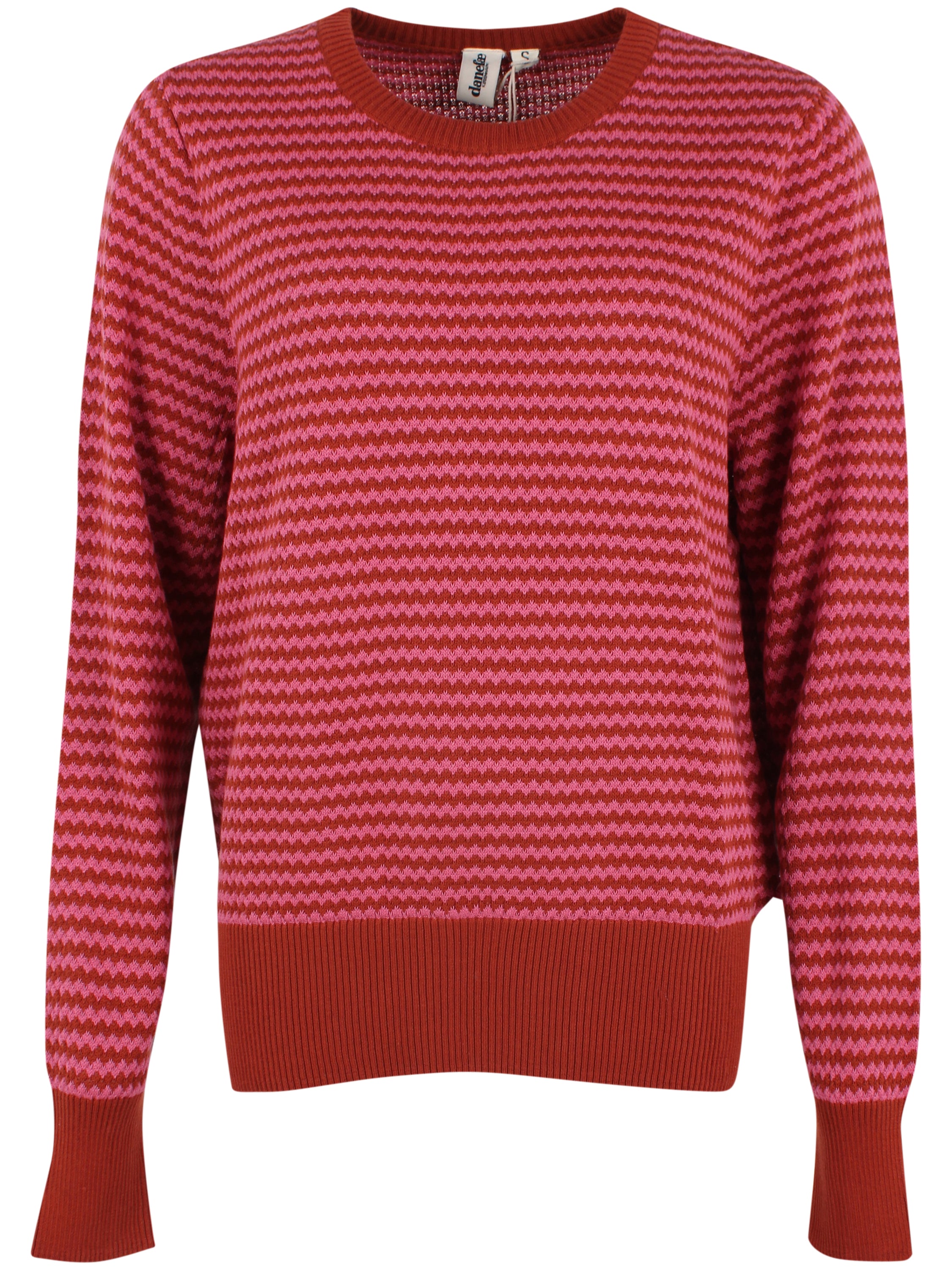 Sød perlestrikket sweater med bølgede striber i brændt rød og lyserød til kvinder