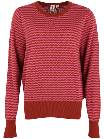 Sød perlestrikket sweater med bølgede striber i brændt rød og lyserød til kvinder