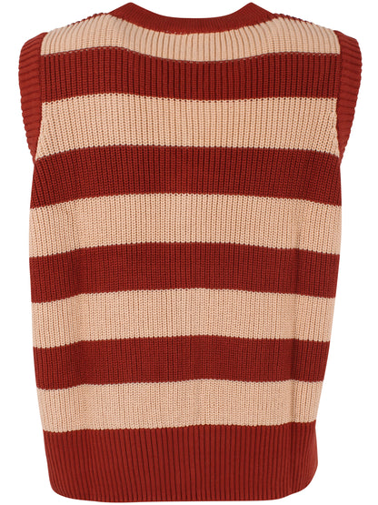 Smart strikket vest med striber i brændt rød og varm sandfarve til kvinder