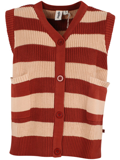 Smart strikket vest med striber i brændt rød og varm sandfarve til kvinder