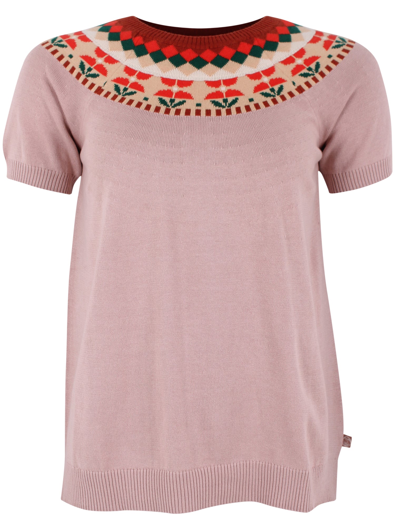 Sød sweater i støvet rosa med blomstermønster og korte ærmer til kvinder