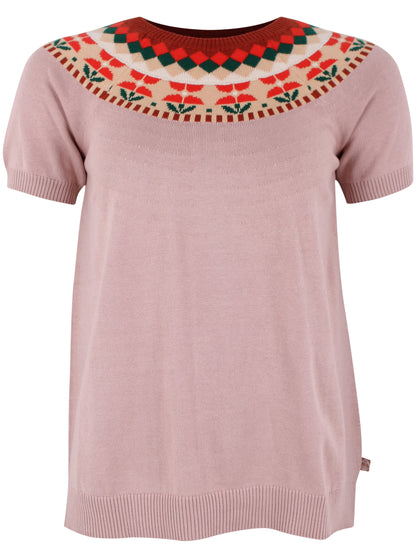 Sød sweater i støvet rosa med blomstermønster og korte ærmer til kvinder