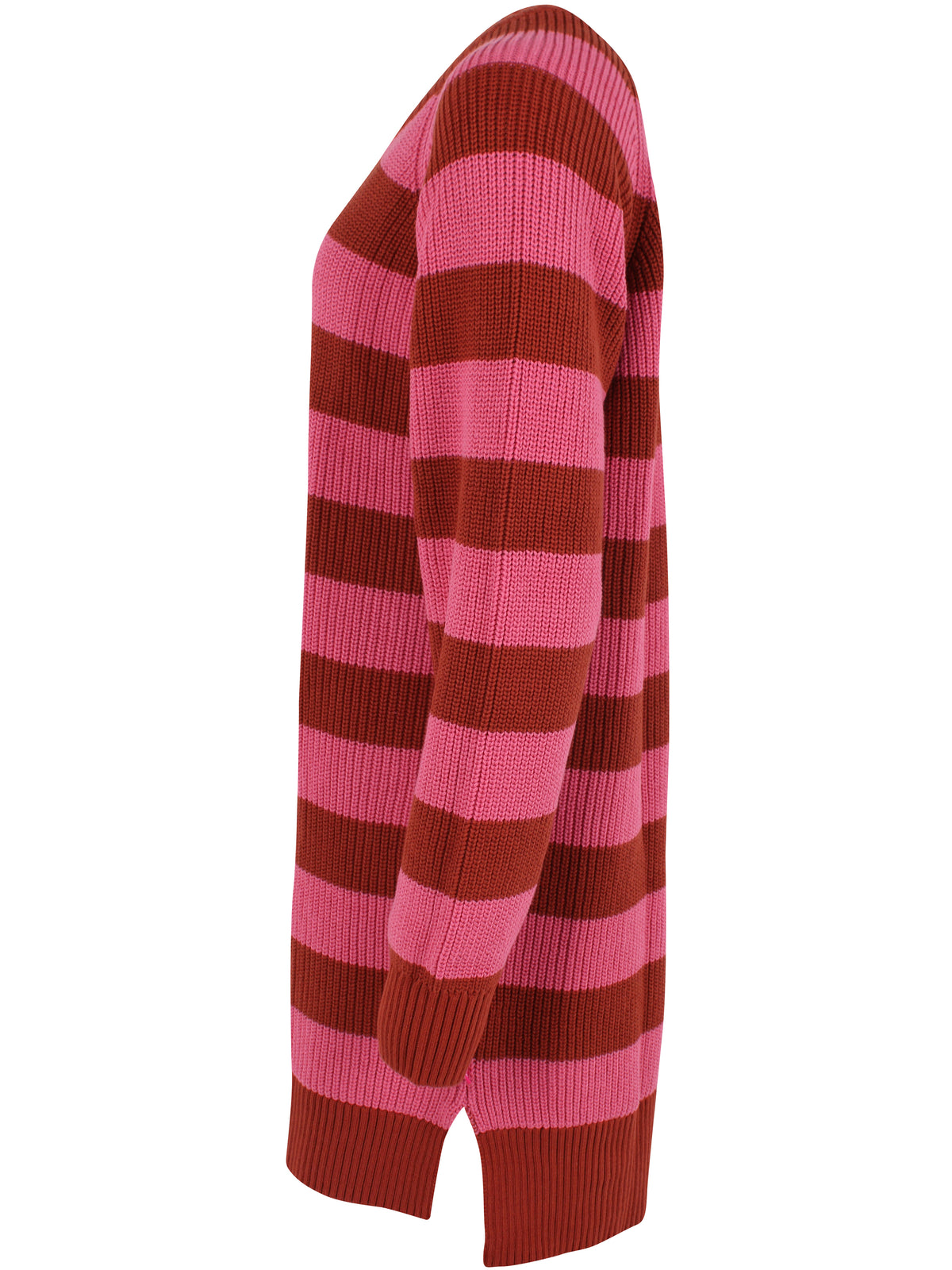 Sød lang sweater med brede striber i brændt rød og lyserød og rund hals