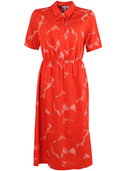 Fin og let mønstret skjortekjole i rød og knækket hvid til kvinder