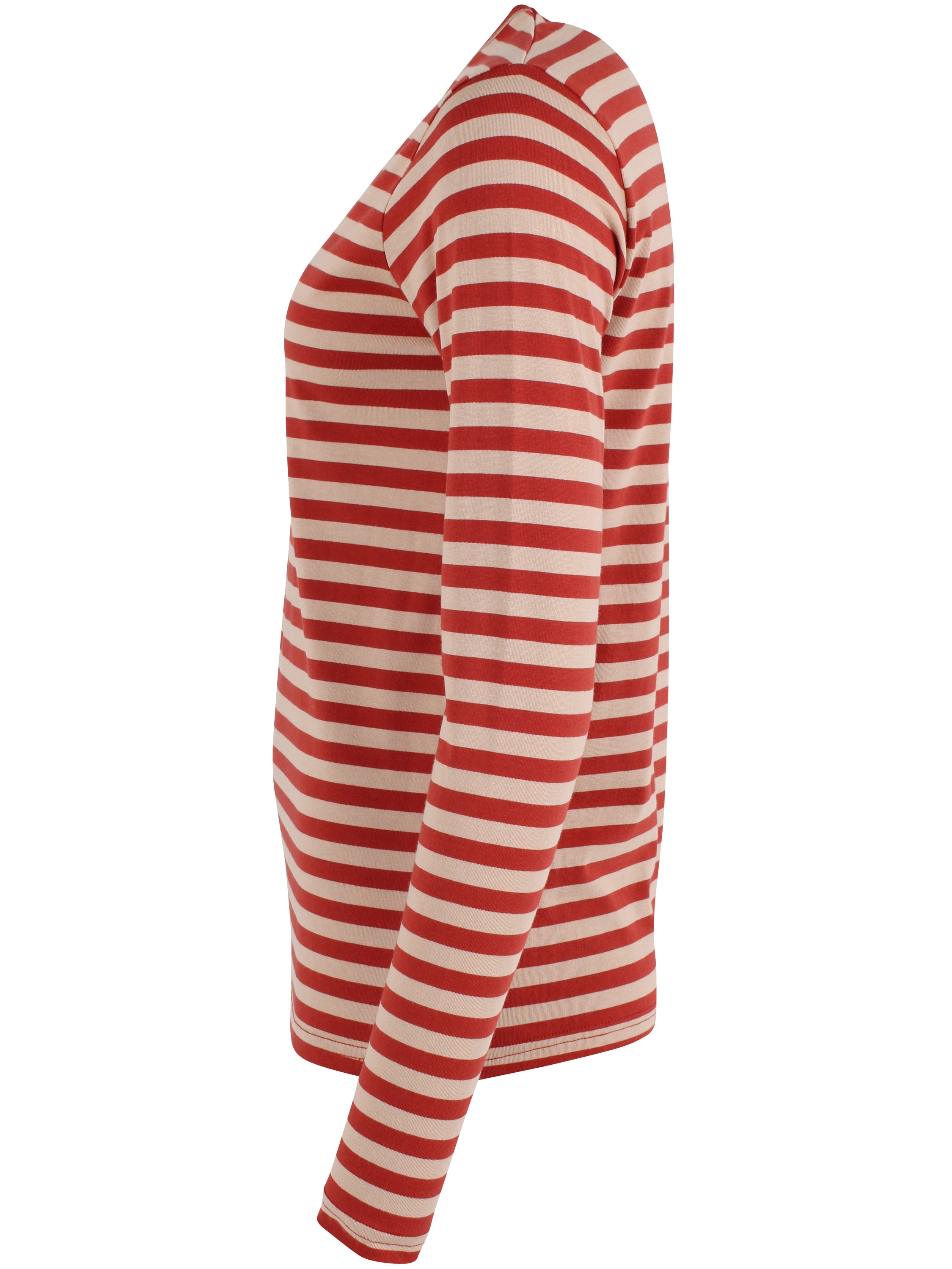 Lækker bluse med striber i varm sandfarve og brændt rød til kvinder