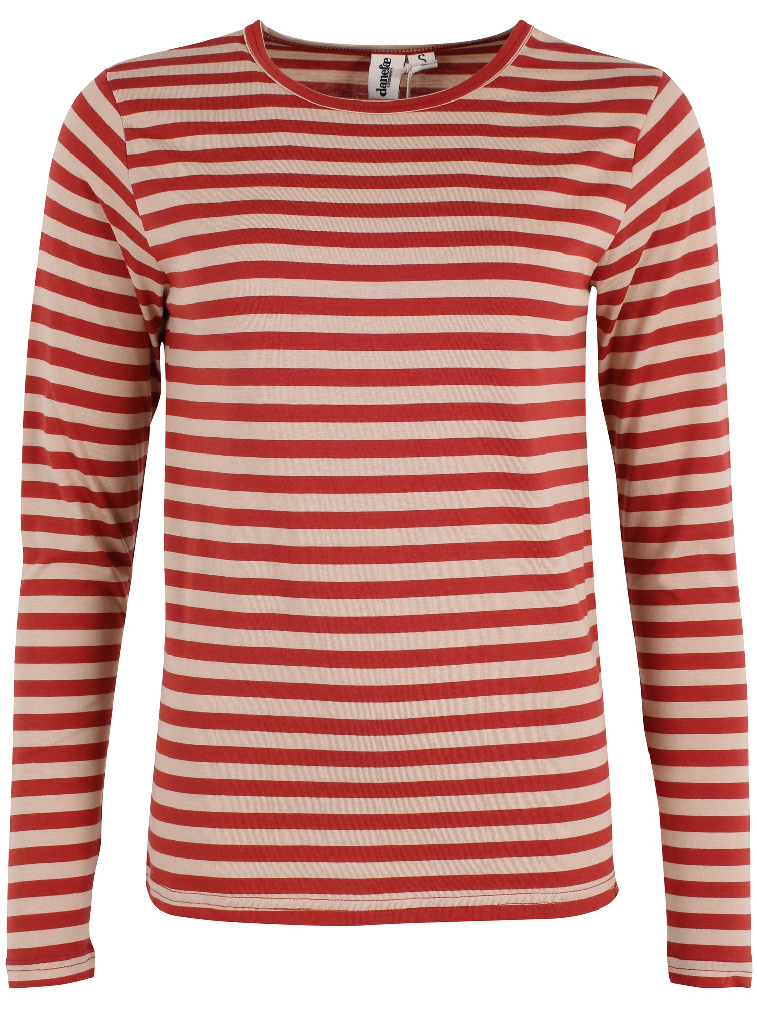 Lækker bluse med striber i varm sandfarve og brændt rød til kvinder
