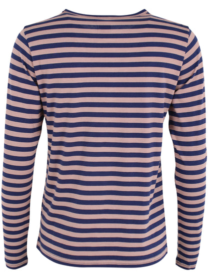 Lækker langærmet bluse med striber i rosa og mørkeblå til kvinder