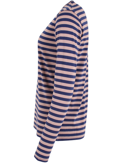 Lækker langærmet bluse med striber i rosa og mørkeblå til kvinder