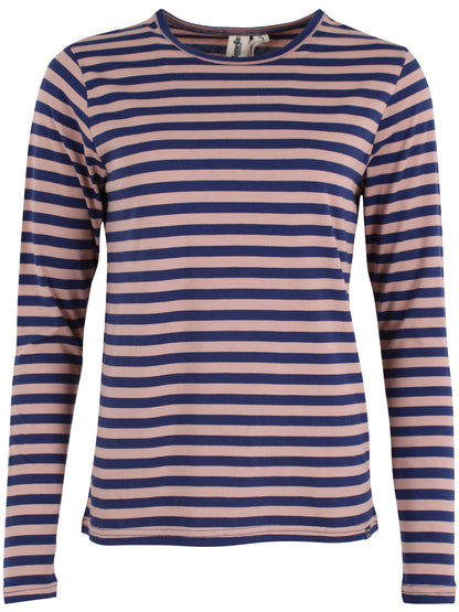 Lækker langærmet bluse med striber i rosa og mørkeblå til kvinder