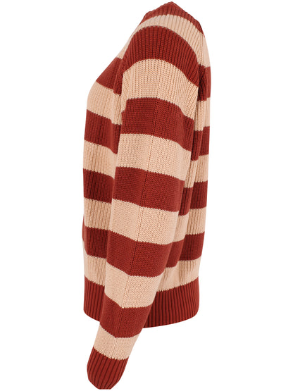 Flot chunky sweater med røde og sandfarvede striber til kvinder