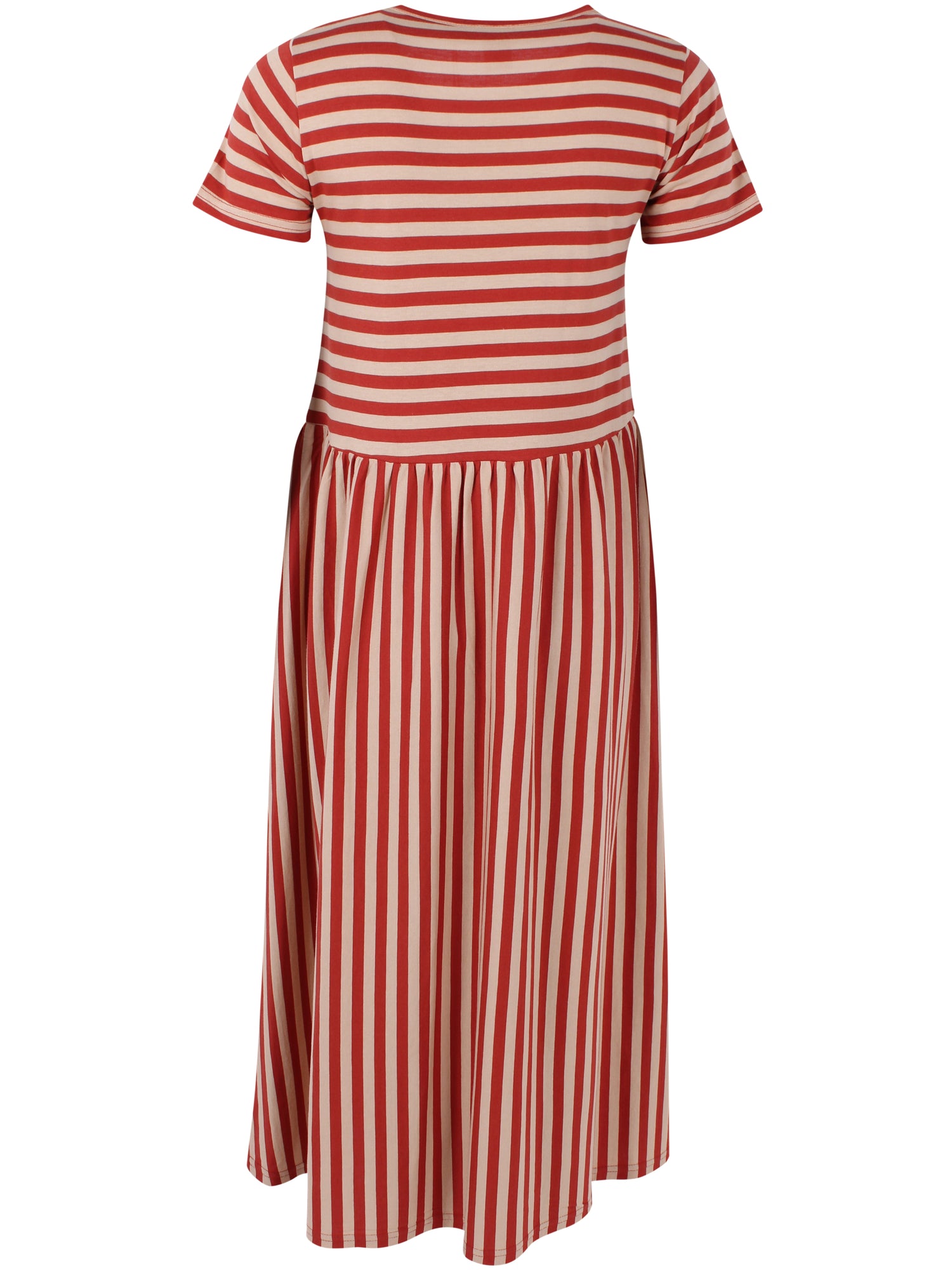 Sød kjole med striber i brændt rød og sandfarve til kvinder