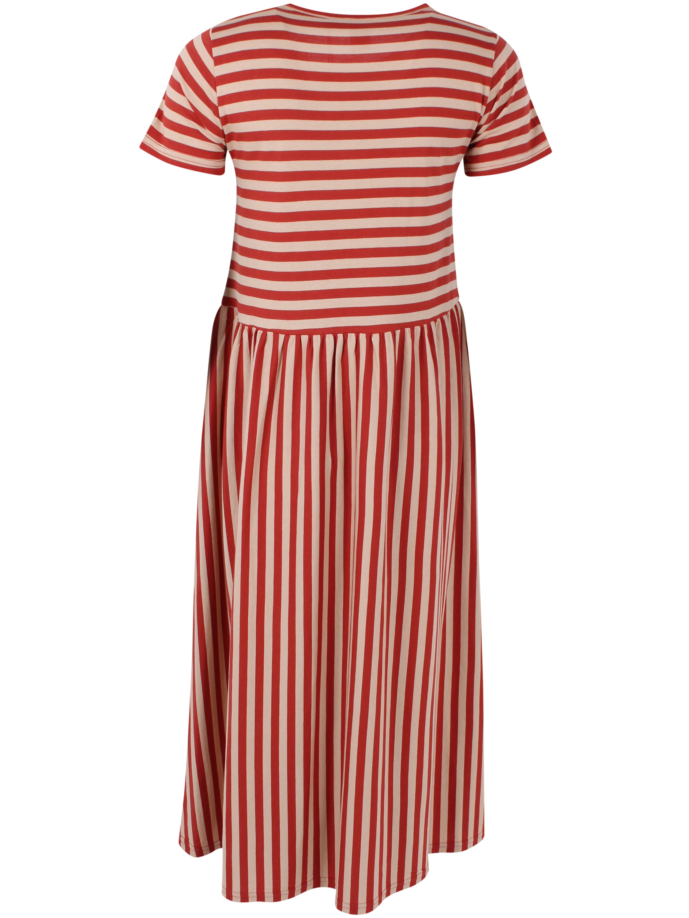 Sød kjole med striber i brændt rød og sandfarve til kvinder