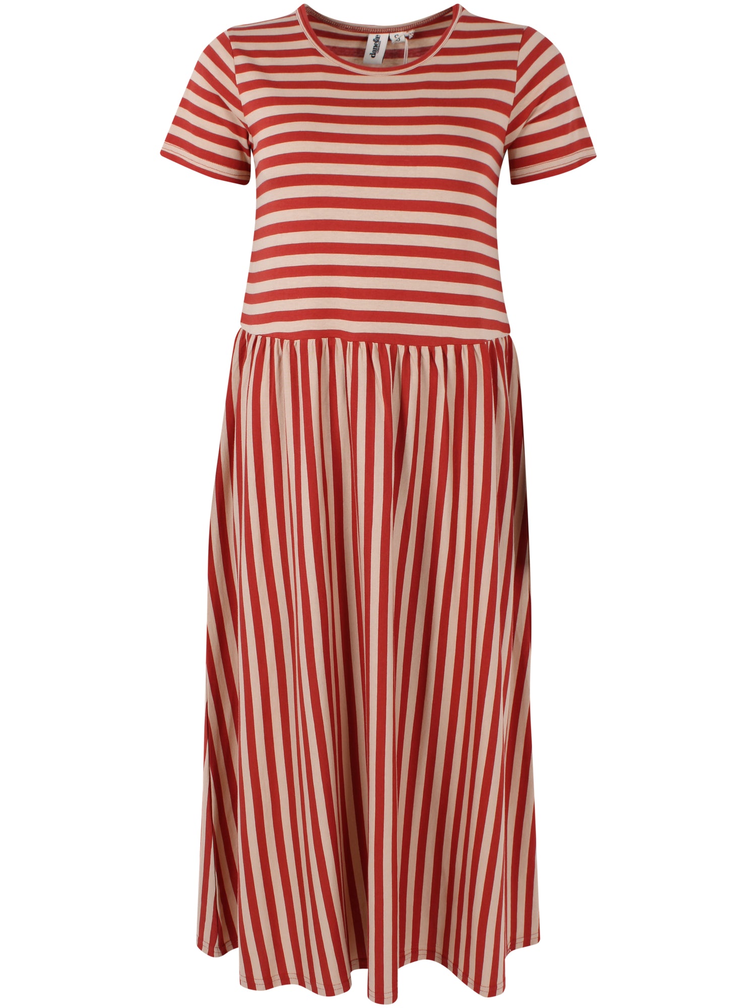 Sød kjole med striber i brændt rød og sandfarve til kvinder