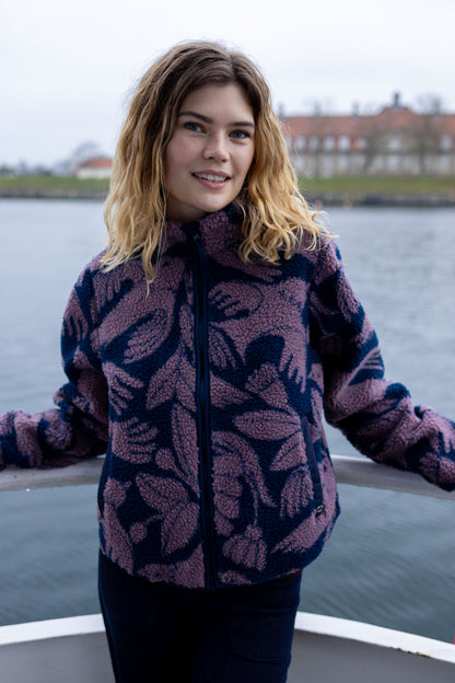 Lækker navyblå fleecejakke med mønster af fugle til kvinder