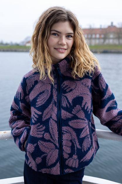 Lækker navyblå fleecejakke med mønster af fugle til kvinder