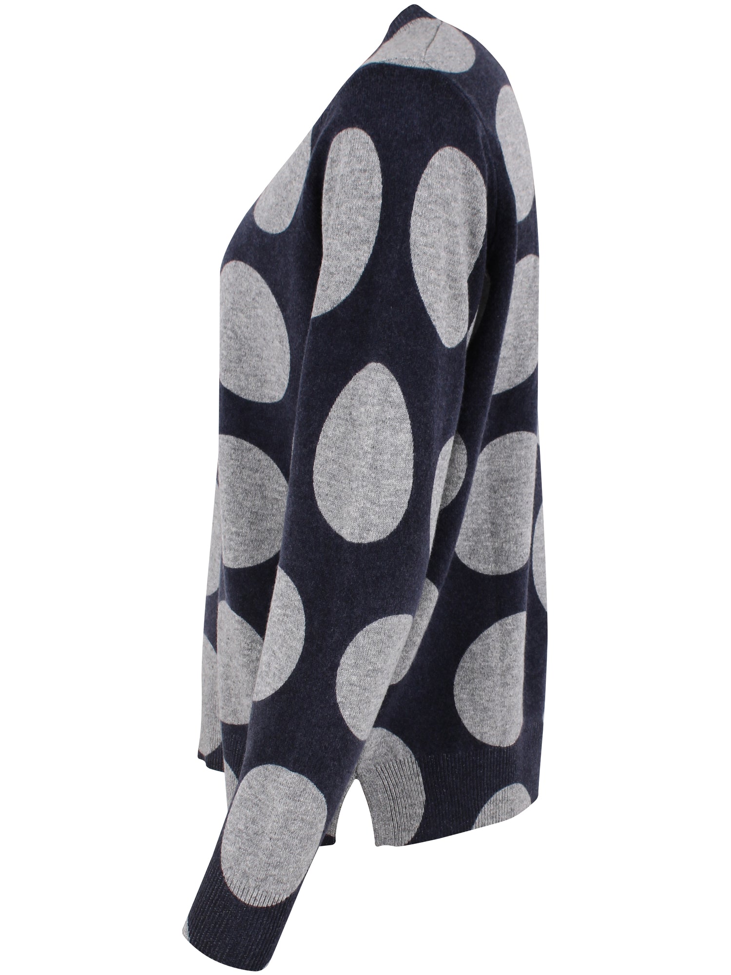 Smart navyblå sweater i 100% merinould med rund hals og grå prikker til kvinder
