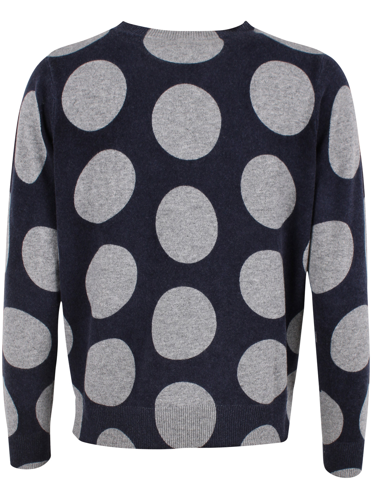 Smart navyblå sweater i 100% merinould med rund hals og grå prikker til kvinder