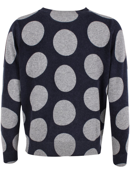 Smart navyblå sweater i 100% merinould med rund hals og grå prikker til kvinder