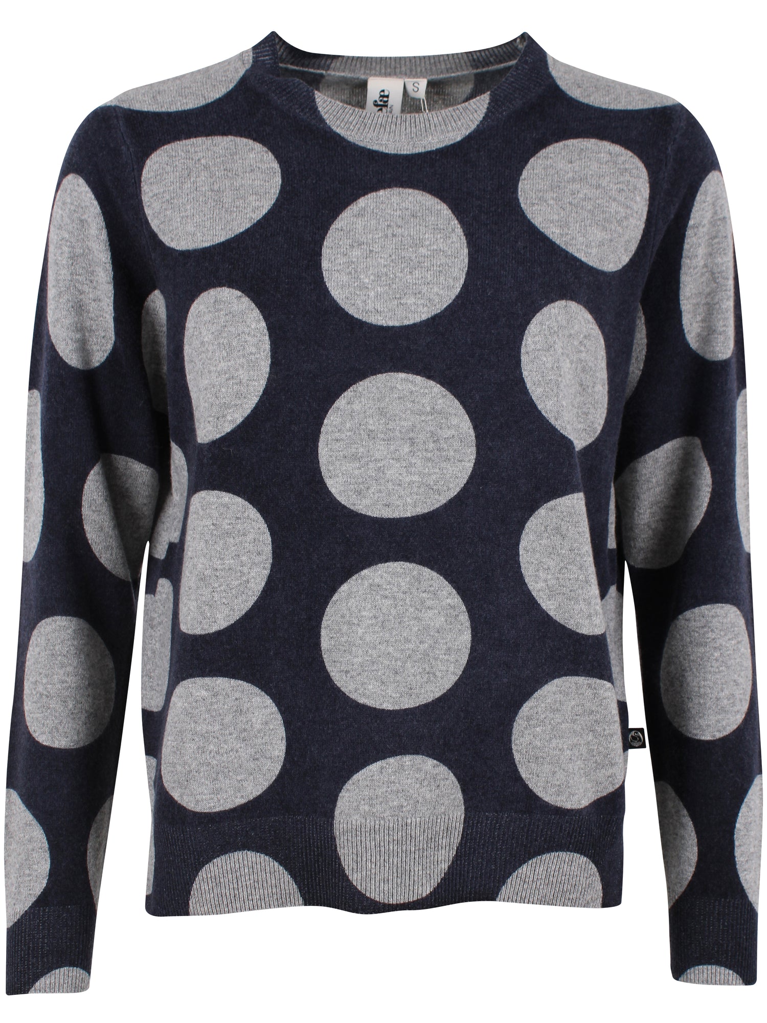 Smart navyblå sweater i 100% merinould med rund hals og grå prikker til kvinder